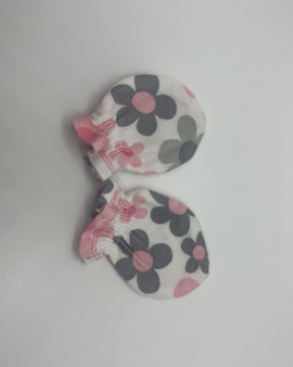 Hand Mitts White with Pink and Gray Flower Pattern