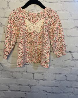 Savannah Long-Sleeve Shirt, 18Mo, White w. floral detail pattern & lace butterfly detail on front, back button enclosure