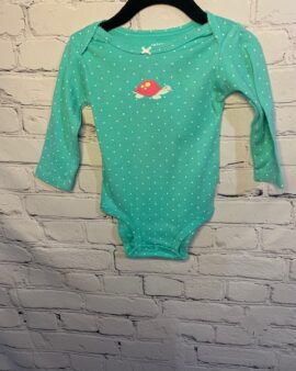 Carter’s Long-Sleeve Onesie, 12Mo, Teal w/ white polka dot pattern detail, turtle detail on front w/ bow