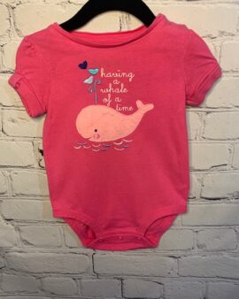 Carter’s Short Sleeved Onesie, 12Mo, Pink w/ whale detail & “having a whale of a time” detail on front, ruffle button cuff sleeves