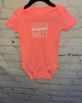 Carter’s Short Sleeved Onesie, 18Mo, Neon pink with “Always Super Sweet” detail w/ pink bow on front
