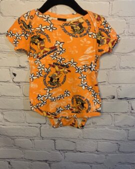 Aloha Fashion Short Sleeved Onesie, 12Mo, Orange w/ “here comes trouble” detail pattern