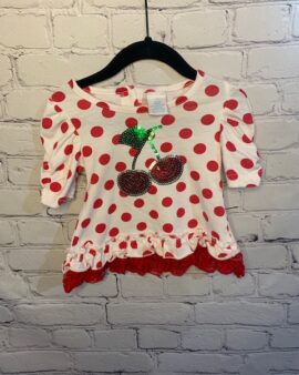 Wonder Kids Long-Sleeve Shirt, 12Mo, White w/ red polka dot detail pattern, sequin cherry detail on front, flare bottom w/ lace detail