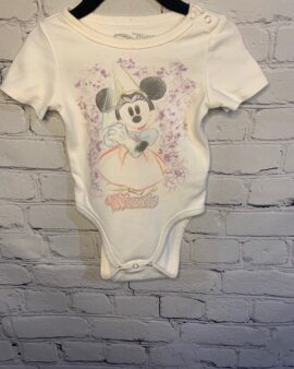 Disney Studio Collection Short Sleeved Onesie, 12Mo, White with Minnie detail drawing on front