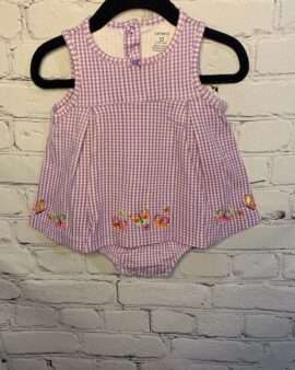 Carter’s Onesie Dress, 12Mo, Purple and white plaid detail pattern w/ butterfly detail on skirt, back and bottom snap enclosure