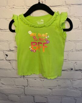 Okie-Dokie Short Sleeved T-Shirt, 18Mo, Green w/ “My Aunt is my BFF” detail in front w/ ruffles around the neck and sleeves