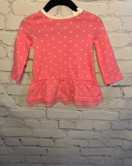 Cherokee Long-Sleeved Shirt, 6-9Mo, Pink w/ white heart detail pattern, bow on neckline, flare bottom w/ tulle, back button enclosure