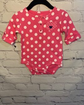 Carter’s Long-Sleeve Onesie, 12Mo, Pink w/ white polka dot pattern, front pocket w/ blue heart detail, cuff button sleeves
