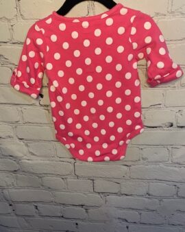 Carter’s Long-Sleeve Onesie, 12Mo, Pink w/ white polka dot pattern, front pocket w/ blue heart detail, cuff button sleeves