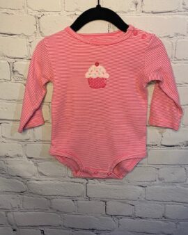 Carter’s Long-Sleeved Onesie, Pink w/ stripe detail pattern, w/ cupcake detail on front, side neck snaps