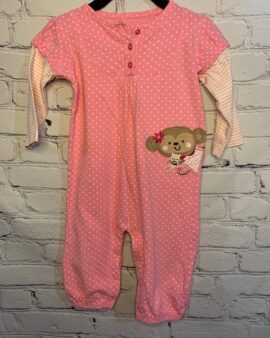 Carter’s ‘Just One You’ Long-Sleeve Pant Onesie, 18Mo, Pink w/ heart detail pattern, stripped detail pattern on sleeves, monkey detail on left side front, top half buttons