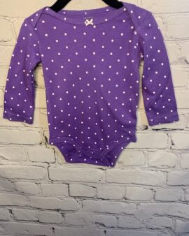 Carter’s Long-Sleeve Onesie, 12Mo, Purple w/ white polka dot detail, bow on front neck