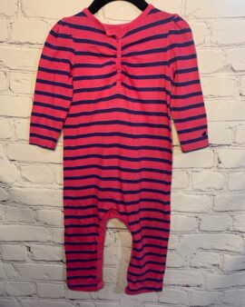 Little77 Long-Sleeve Pant Onesie, 12-18Mo, Pink and blue stripe pattern detail, front half snap detail