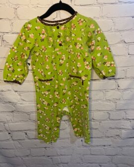 Carter’s Long-Sleeve Pant Onesie, 18Mo, Green w/ floral detail pattern, front pockets, ruffle detail on front w/ buttons