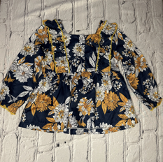 90 Long Sleeve, 2T, Navy, white, yellow floral print, front ruffle detail