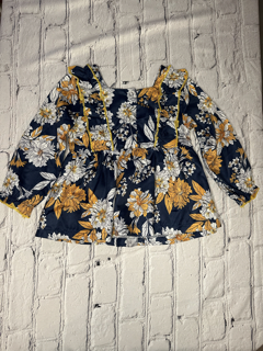 90 Long Sleeve, 2T, Navy, white, yellow floral print, front ruffle detail