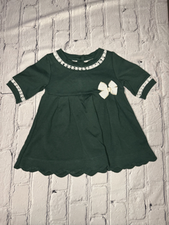 Tahari Dress, 24Mo, Green w/ white lace detail around neck and sleeves, white bow on front left