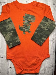 Garanimals, 18 Mo, long sleeved onside, orange w. camoflouge pattern on sleeves, dinosaur detail on front