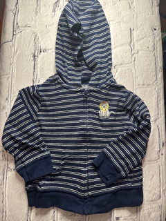 Carter’s ‘Child Of Mine’, 12 Mo, hoodied zip-up, navy w. white stripe pattern, lion detail on left