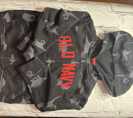Old Navy, 18-24 Mo, hooded zip-up, black w. grey dinosaur pattern, red ‘Old Navy’ detail on front, front pockets