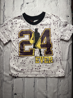 Q7 Athletic, 18 Mo, short sleeved t-shirt, white w. purple splatter detail. ’24’ detail on front
