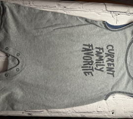 Cat & Jack, 18 Mo, tank top short onsie, gray w. ‘currently family favorite’ detail on front