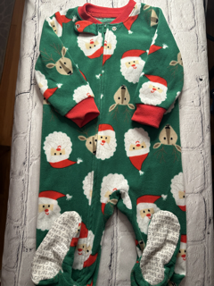 Carter’s 12 Mo, long sleeved footsie PJs, green w. santa & reindeer pattern